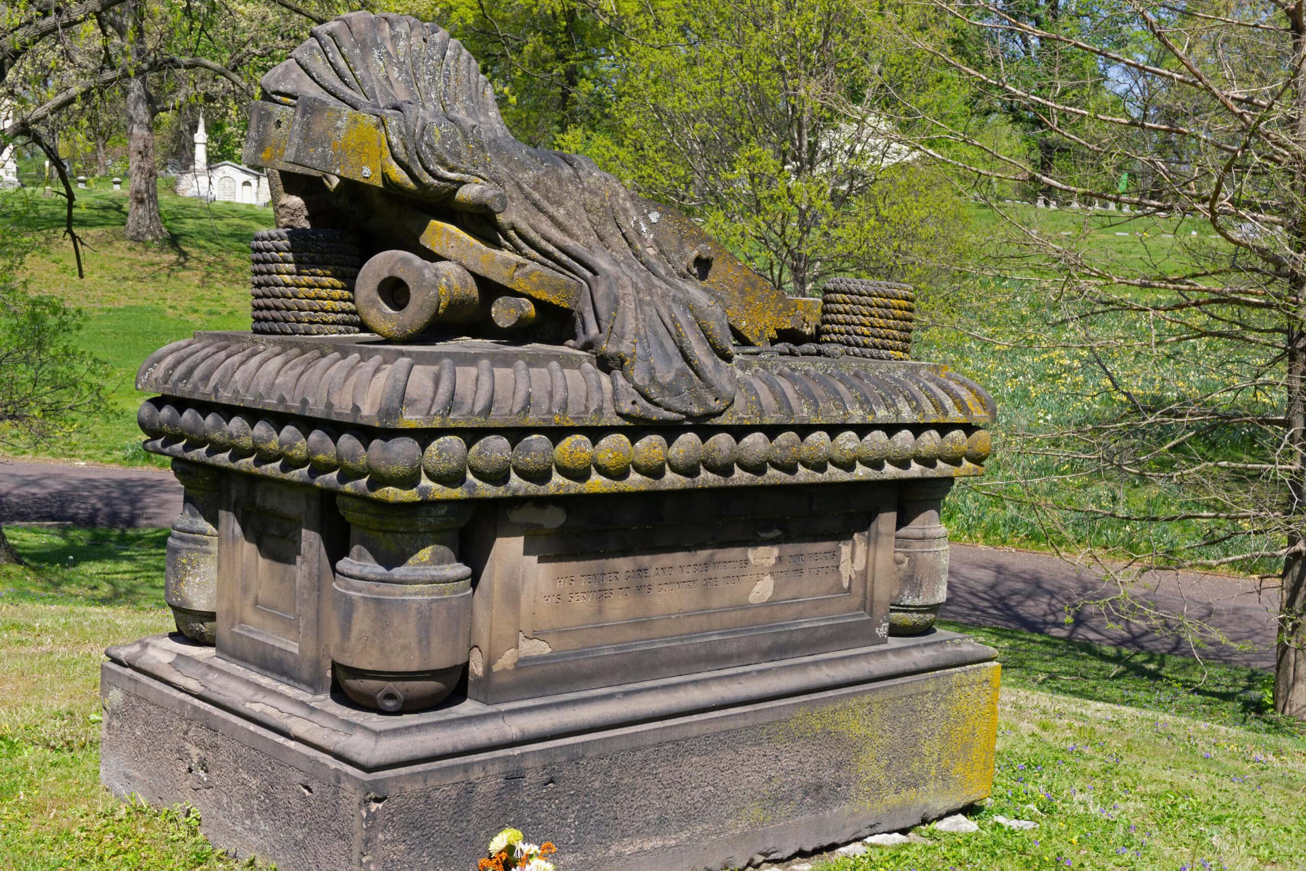 Interesting monument in Bellefontaine Cemetery, St. Louis, has coils of rope and giant bolts depicted on the top.