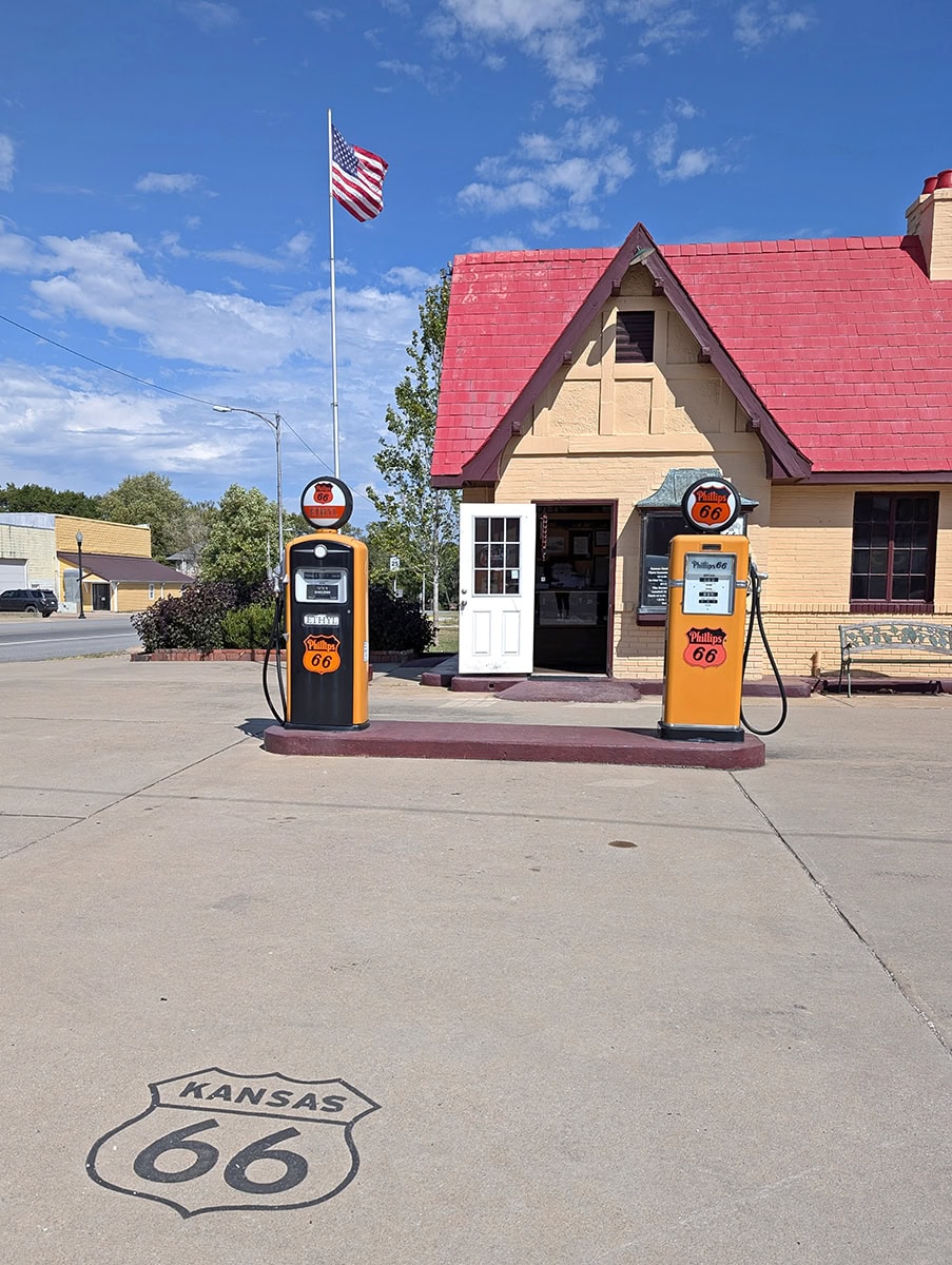 A Tudor Revival style gas station that's on the National Register of Historic Places houses the Kansas Route 66 Visitor's Center in Baxter Springs