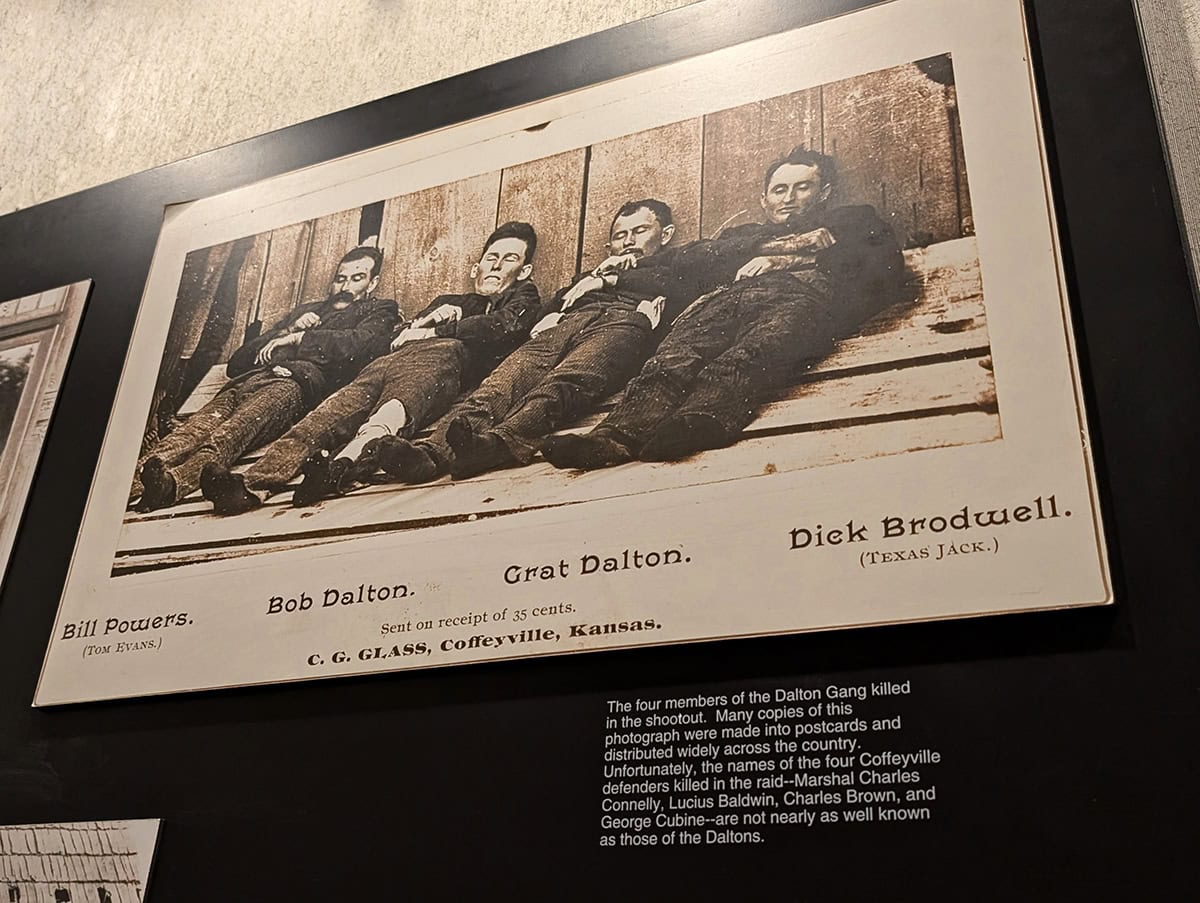 The bodies of the four Dalton Gang members who were killed in the shootout were laid out, with their heads against a wall and their arms crossed over their middles, and photographed. The photo was distributed widely across the country.