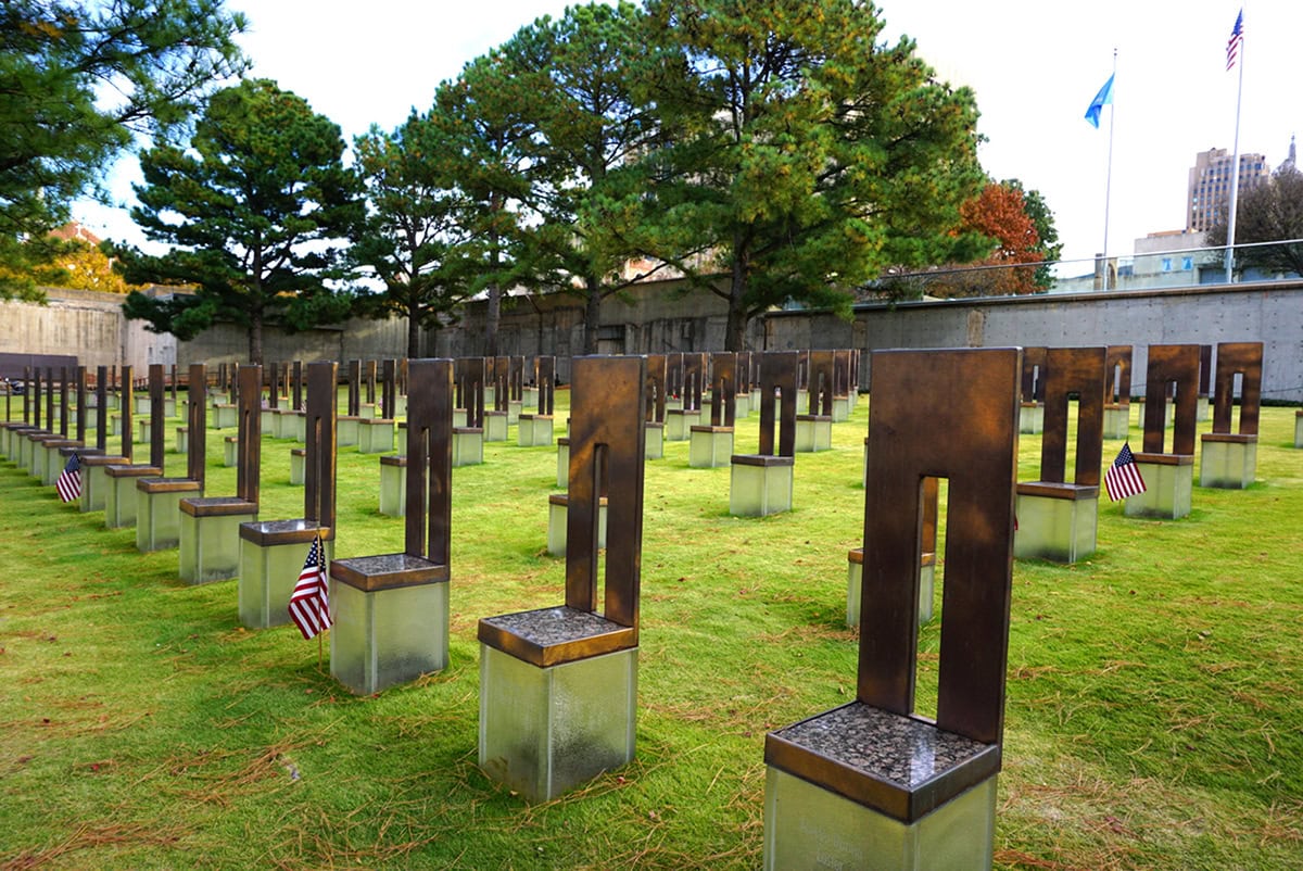 The Field of Empty Chairs at the Oklahoma City National Memorial honors the 168 people who died in the bombing